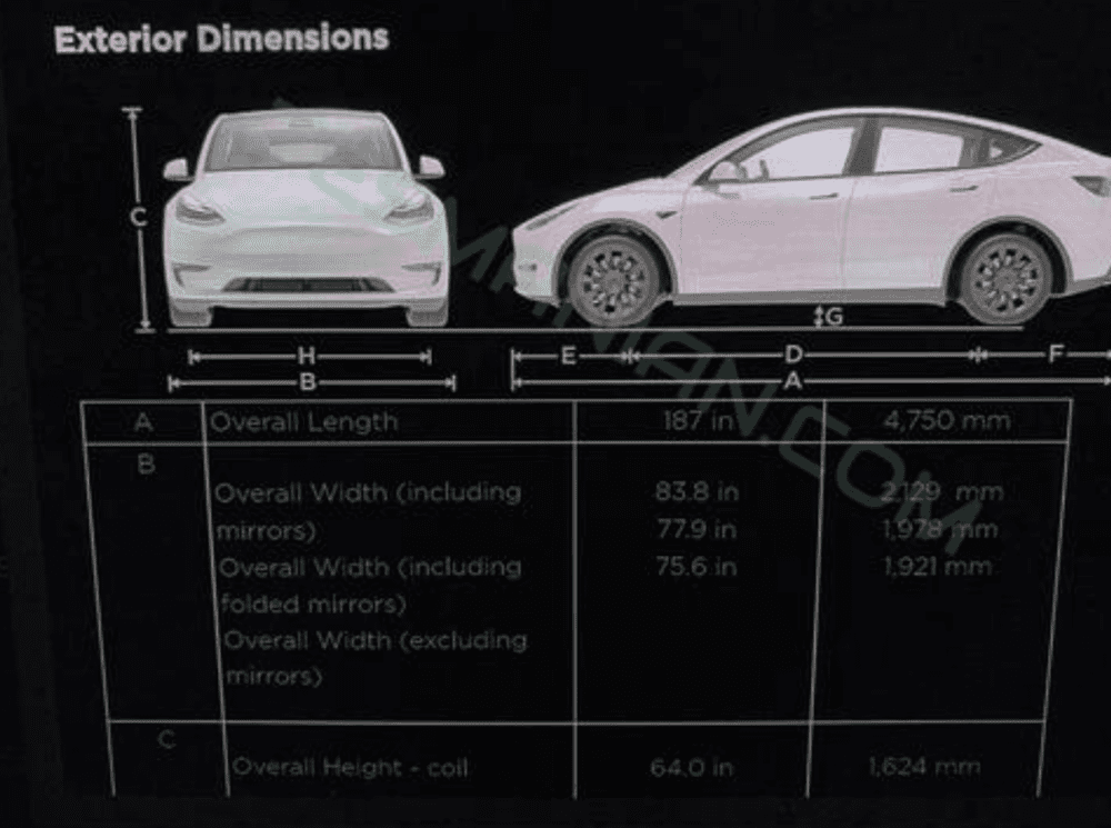 特斯拉model y尺寸参数曝光